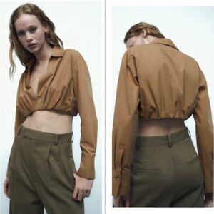 NWT Zara V-Neck Lapel Collar Cropped Poplin Shirt